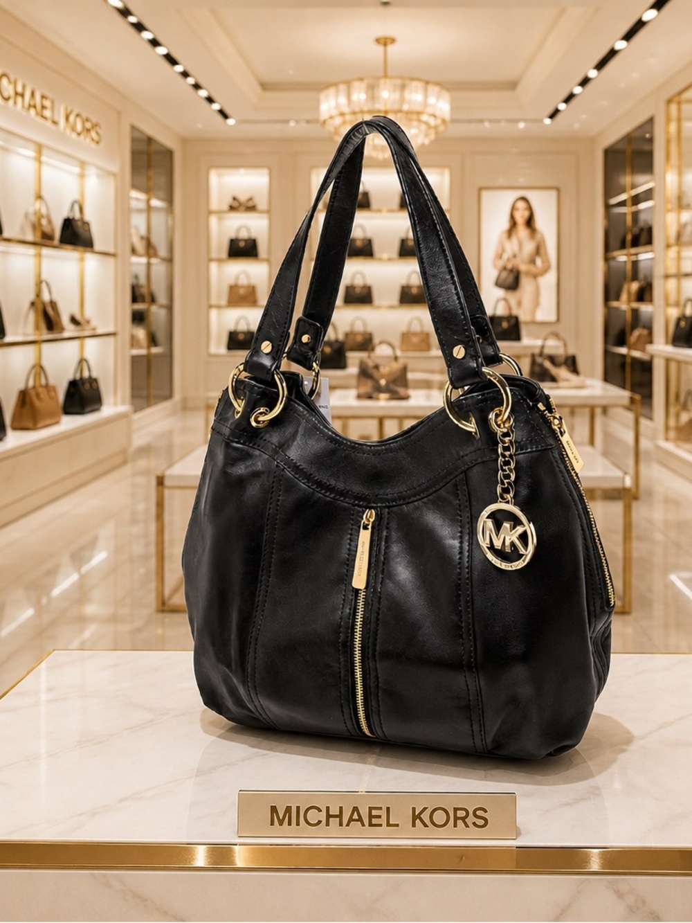 EUC  Michael Kors Moxley Black Leather Gold Zippers Details Shoulder Bag 🍒 - Picture 4 of 17